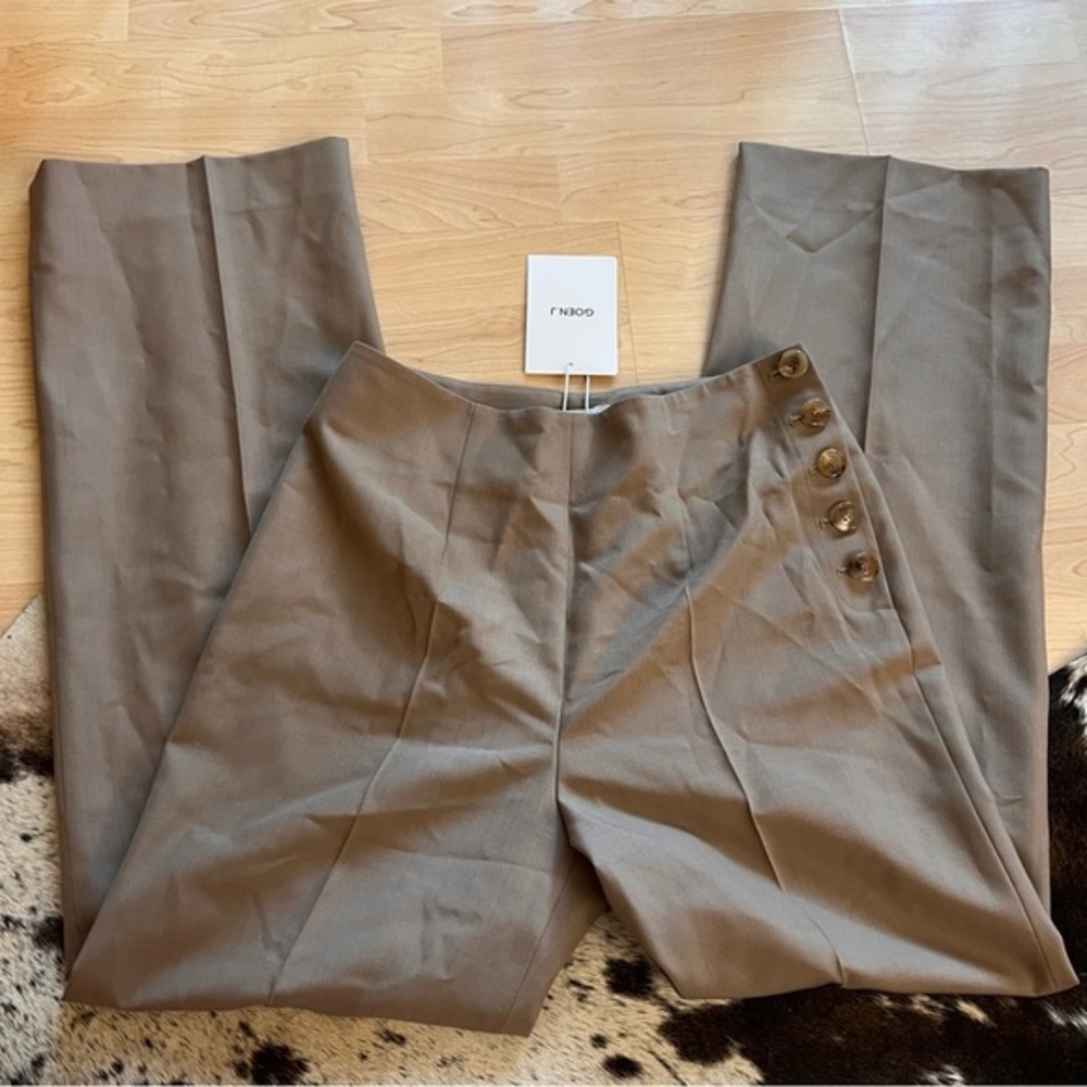 GOEN.J NWT Tan Wool Blend Straight Leg Trousers Side Buttons Size 6